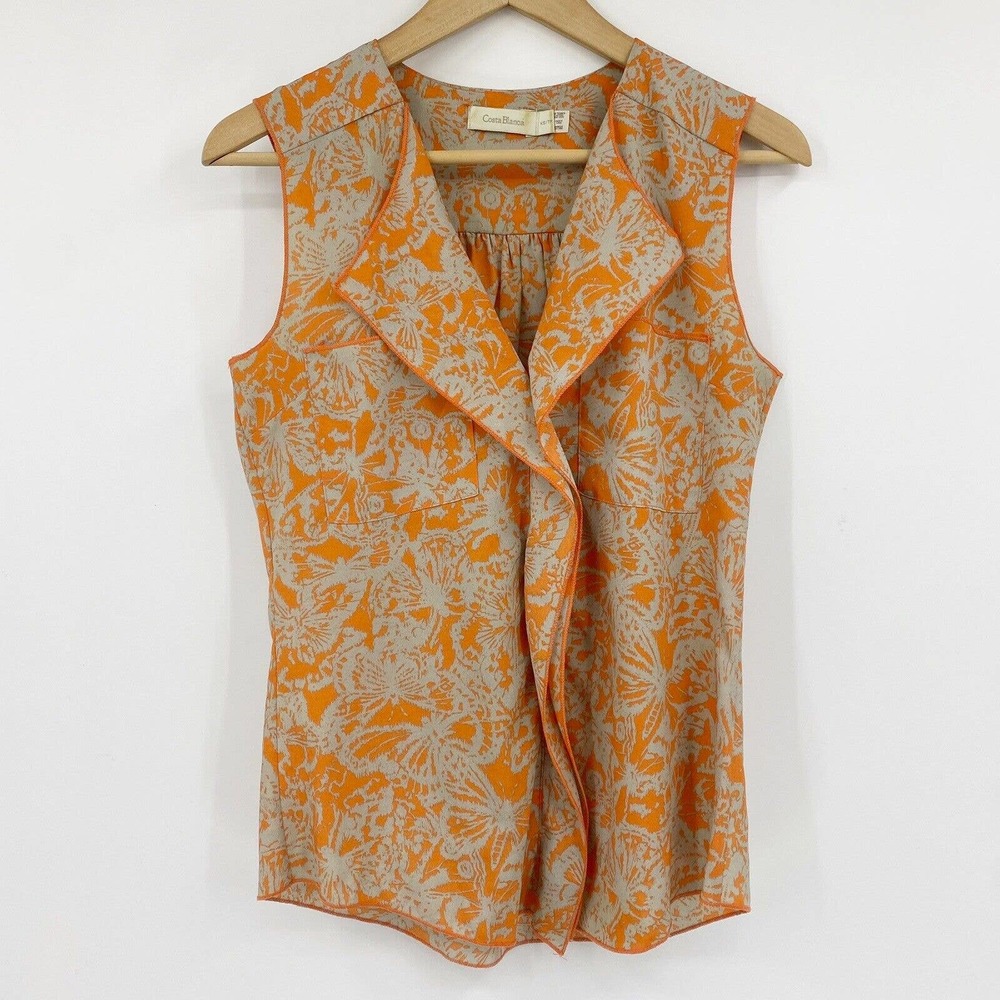 Costa Blanca Sleeveless VNeck Blouse Orange Gray Butterfly Sz XS